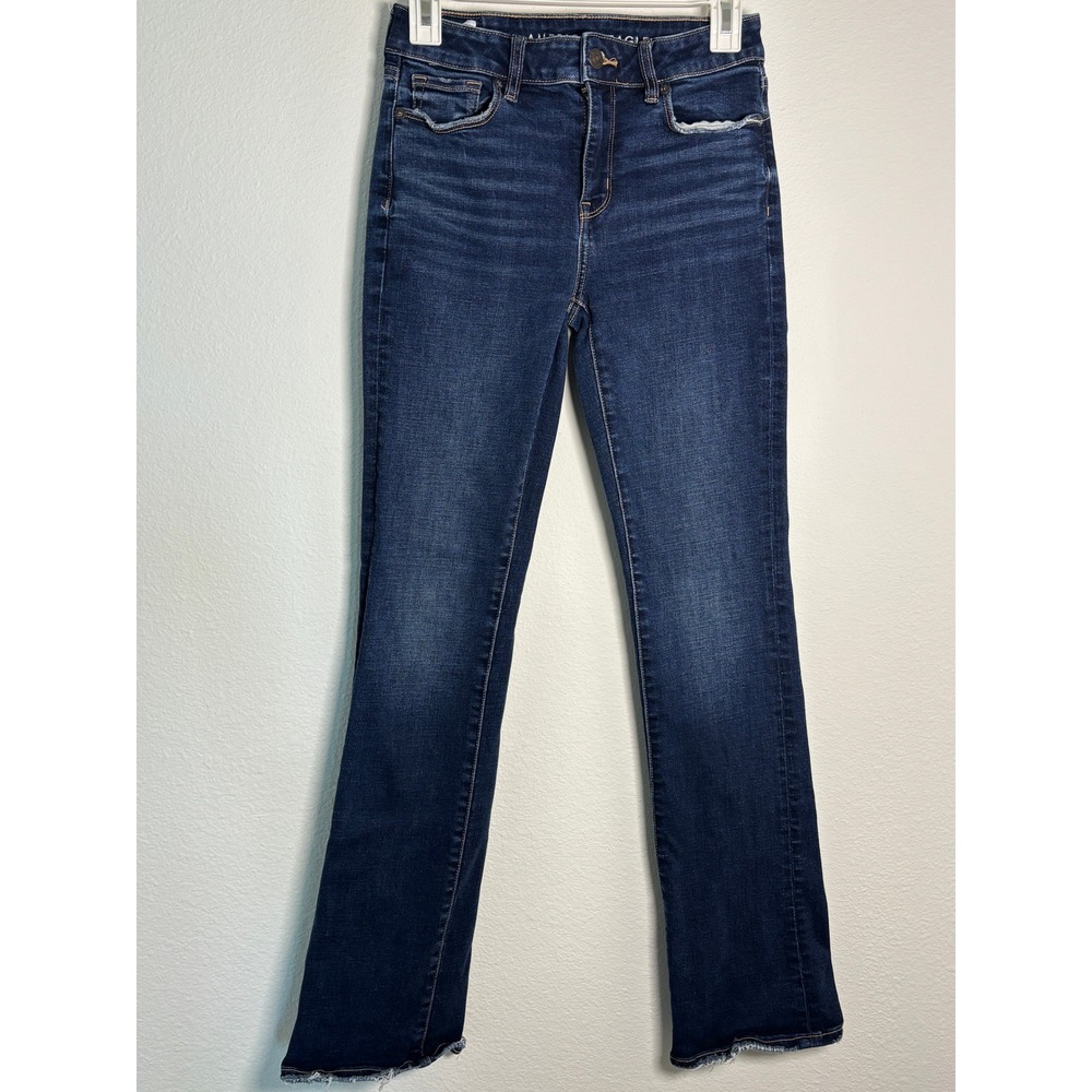 American Eagle Next Level Stretch Slim Bootcut Jeans Dark Wash Raw Hem Size 0